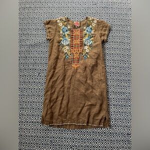 Johnny Was Hira Linen Olive Green Embroidered Dress